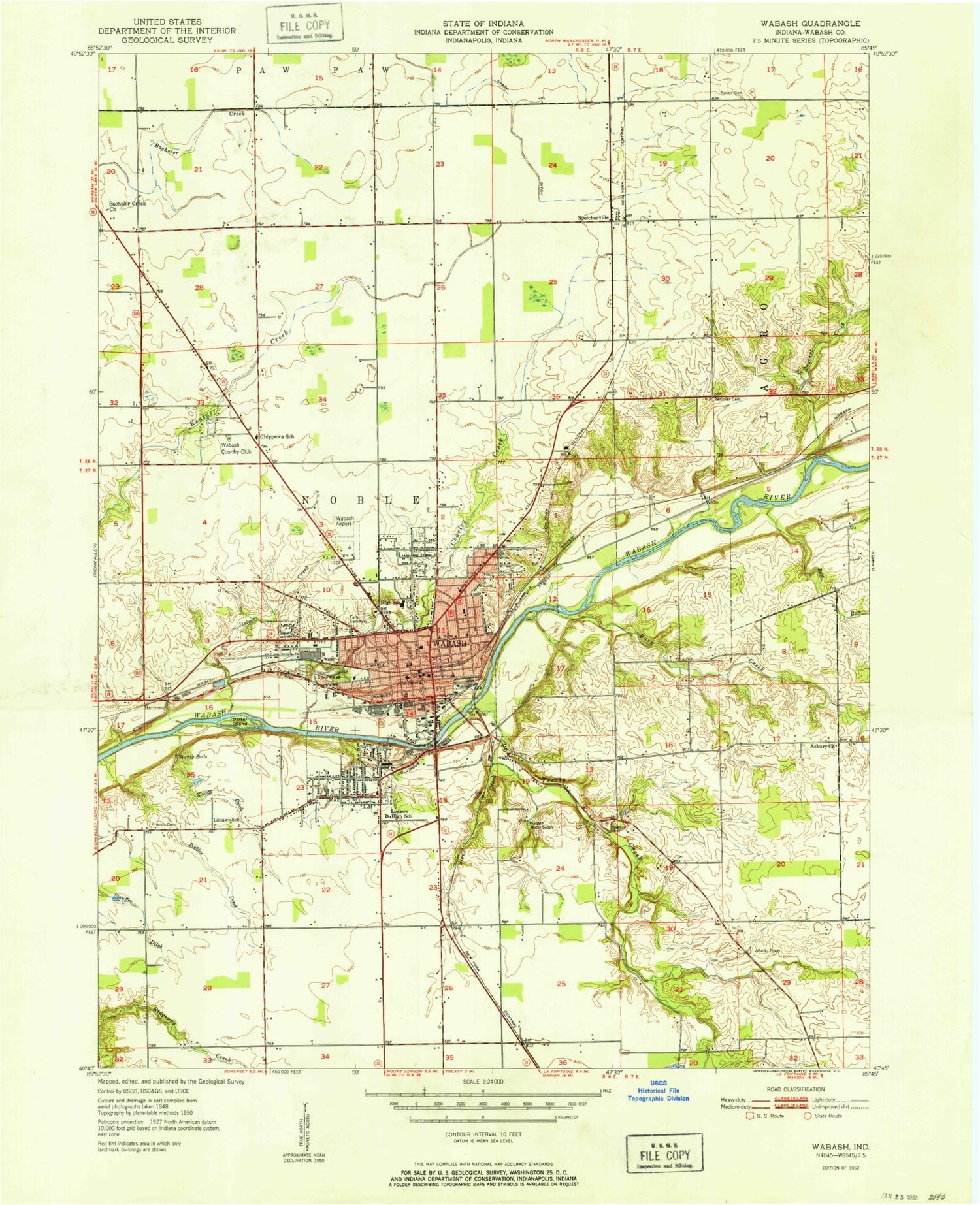 Classic USGS Wabash Indiana 7.5'x7.5' Topo Map Image
