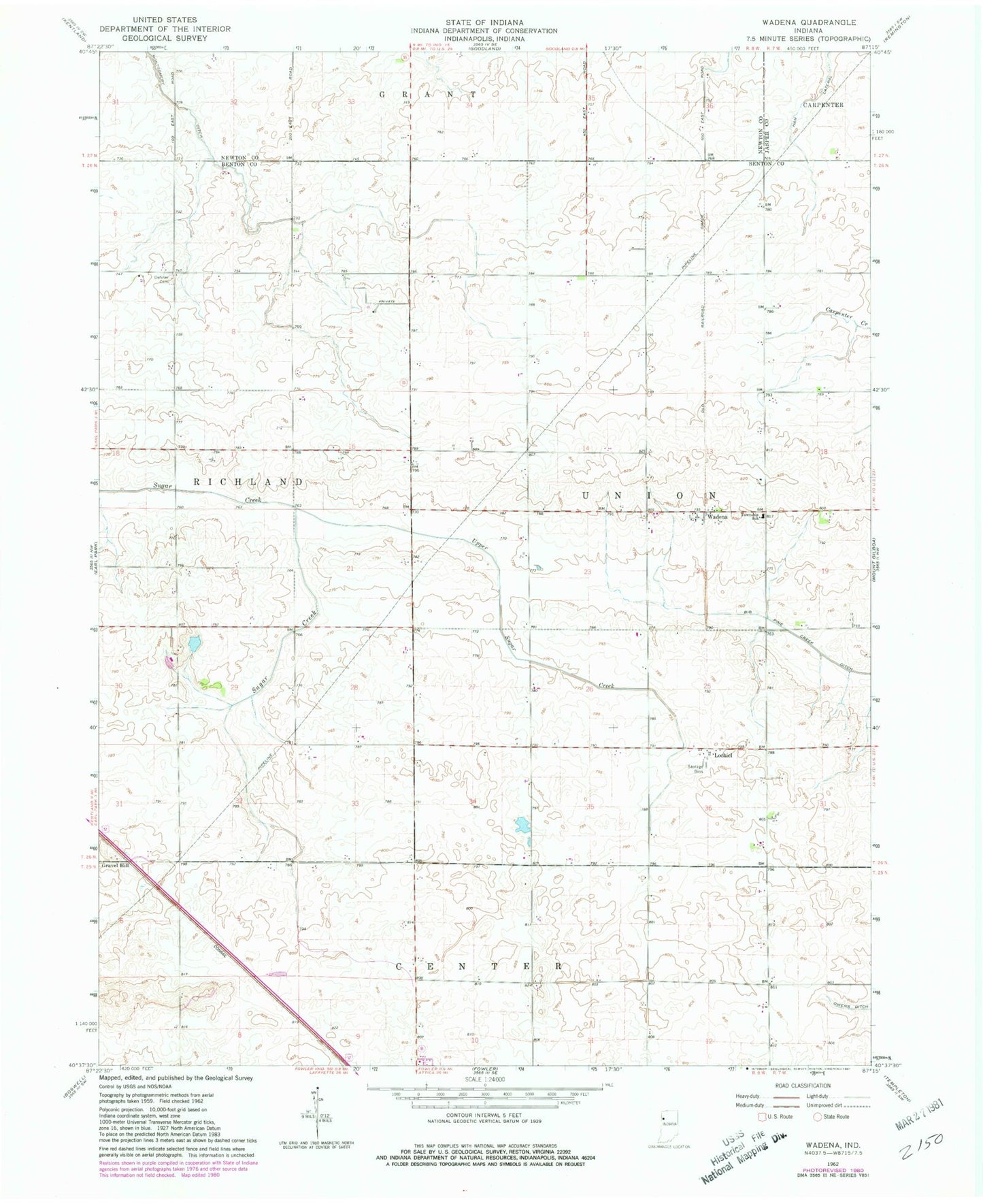 Classic USGS Wadena Indiana 7.5'x7.5' Topo Map Image