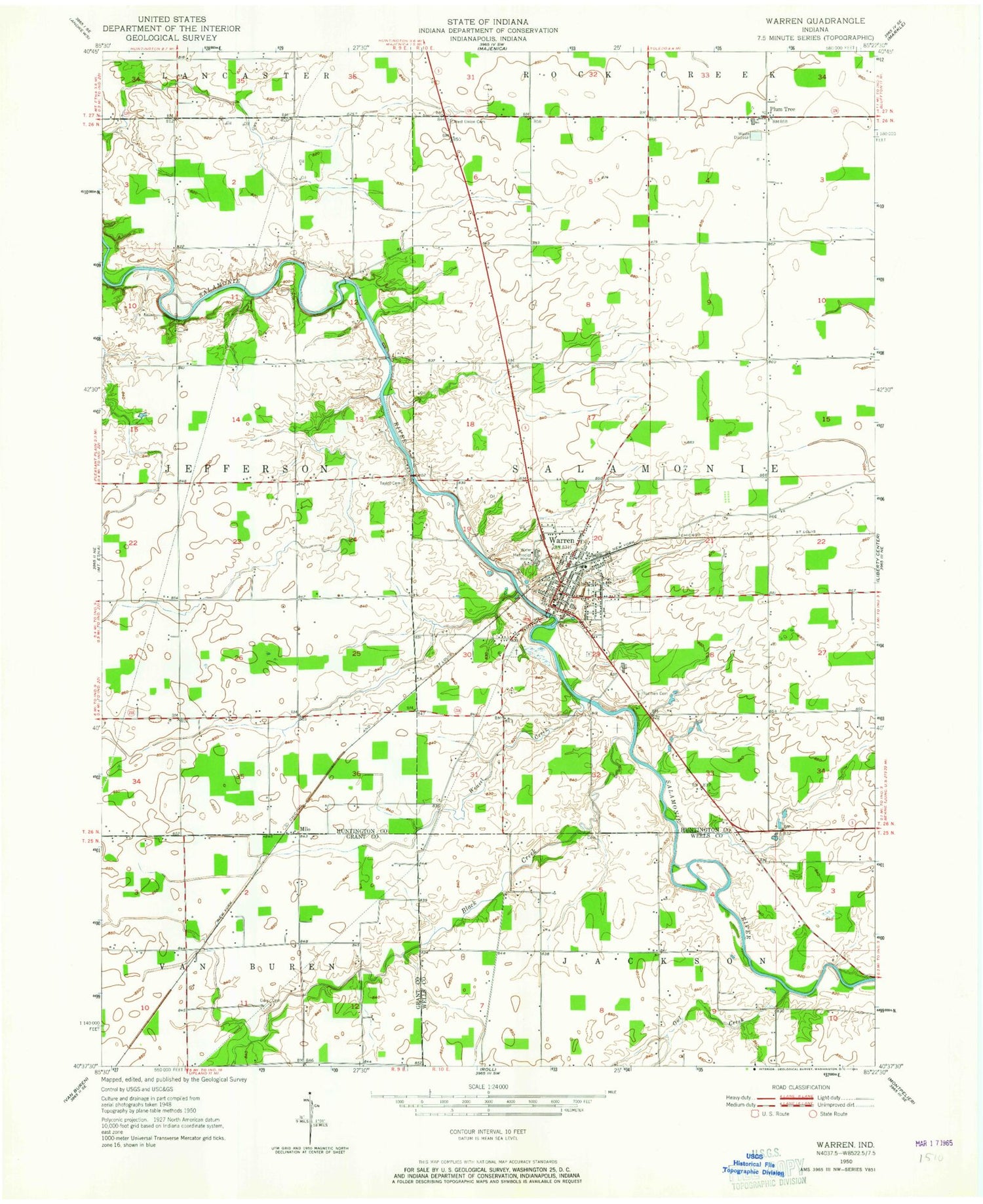 Classic USGS Warren Indiana 7.5'x7.5' Topo Map Image