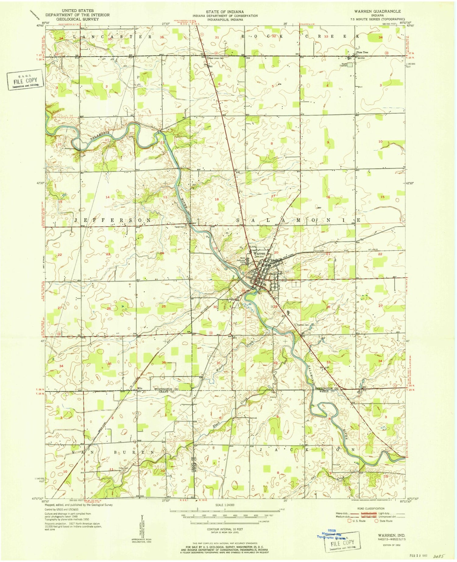 Classic USGS Warren Indiana 7.5'x7.5' Topo Map Image