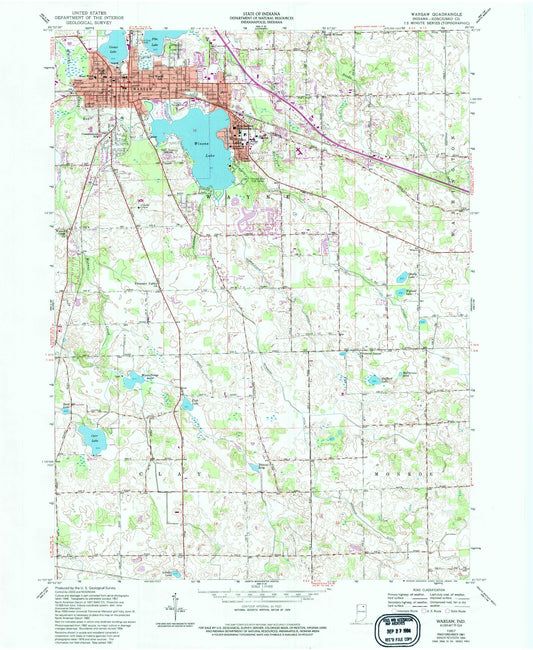 Classic USGS Warsaw Indiana 7.5'x7.5' Topo Map Image