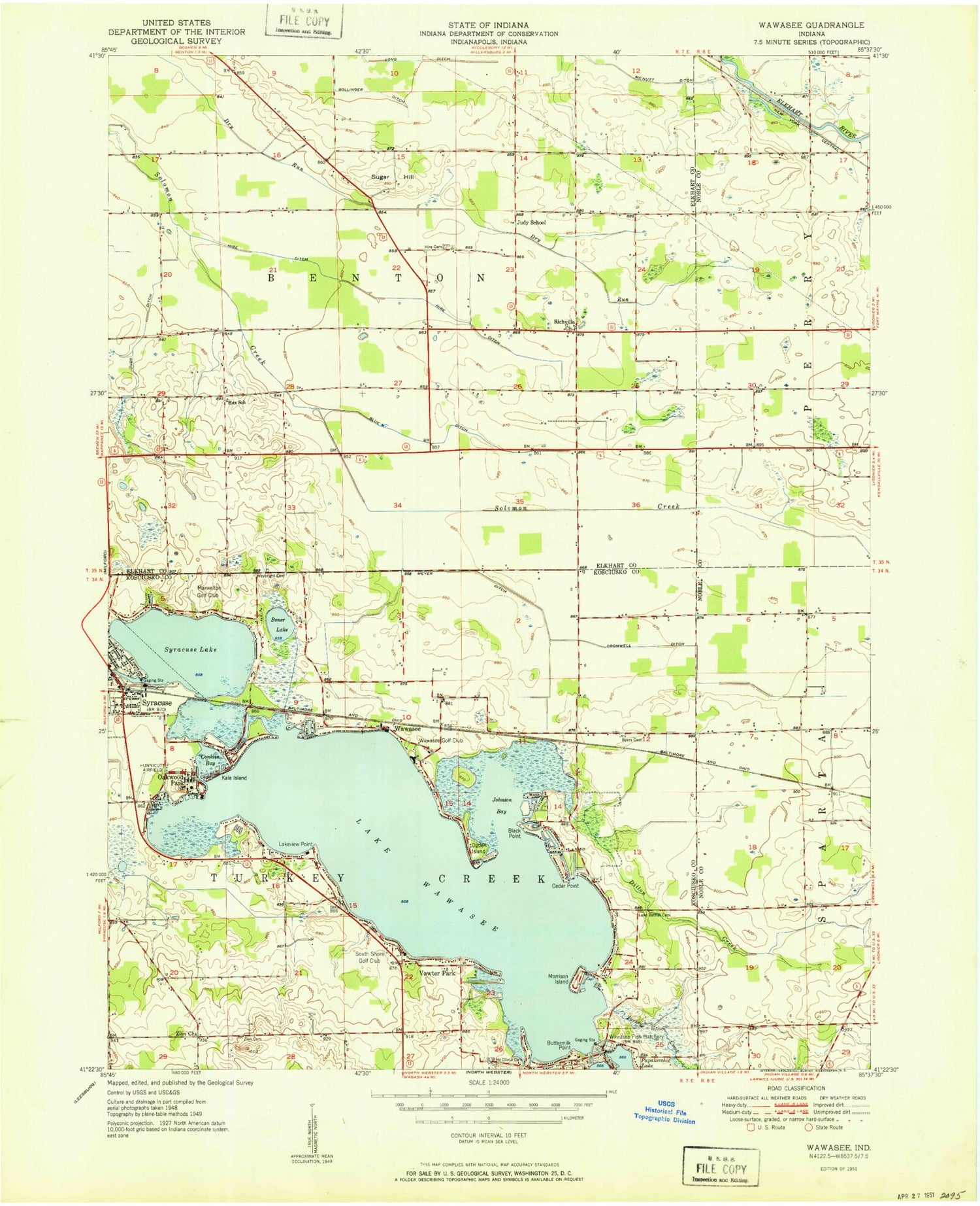 Classic USGS Lake Wawasee Indiana 7.5'x7.5' Topo Map Image