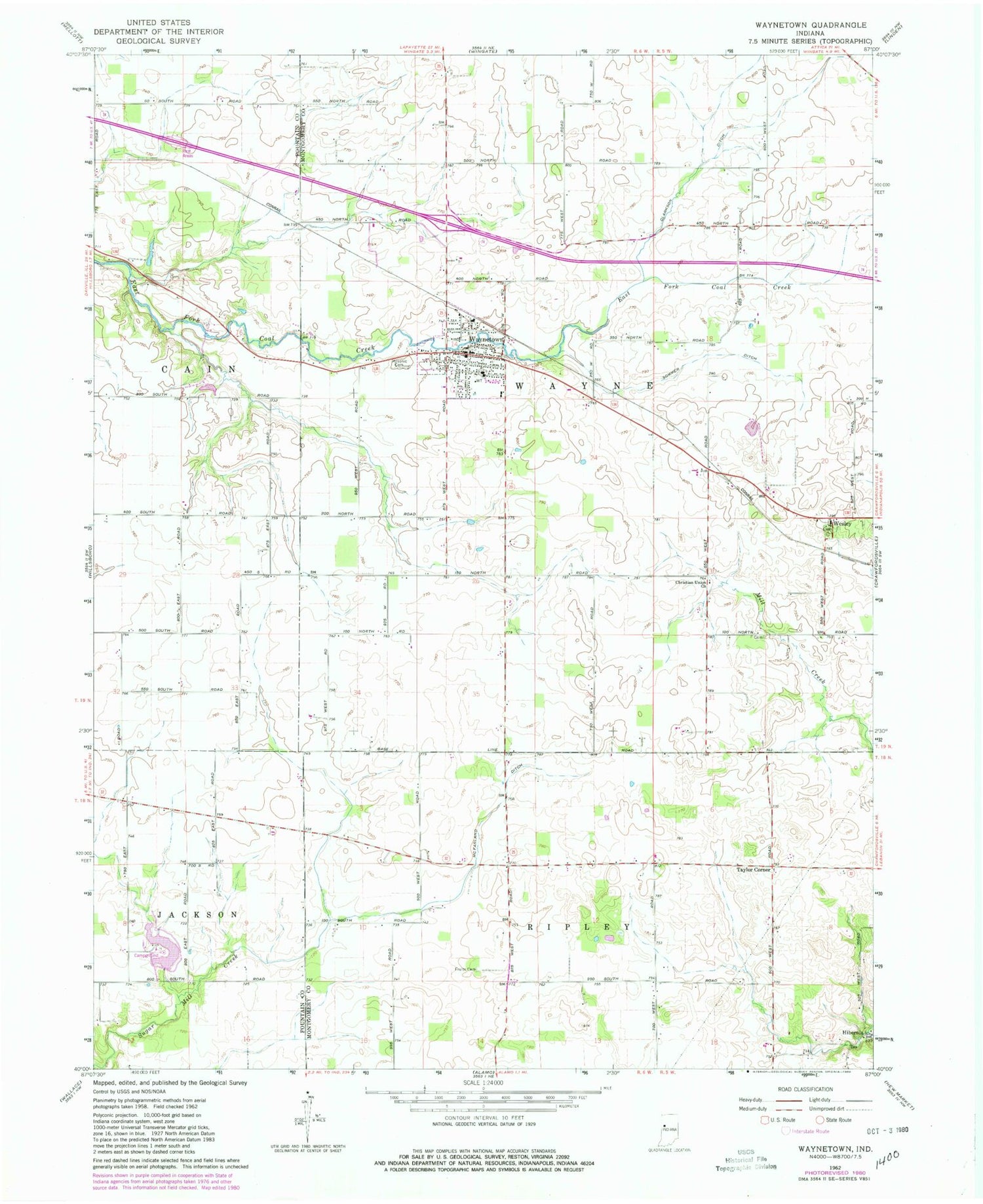 Classic USGS Waynetown Indiana 7.5'x7.5' Topo Map Image