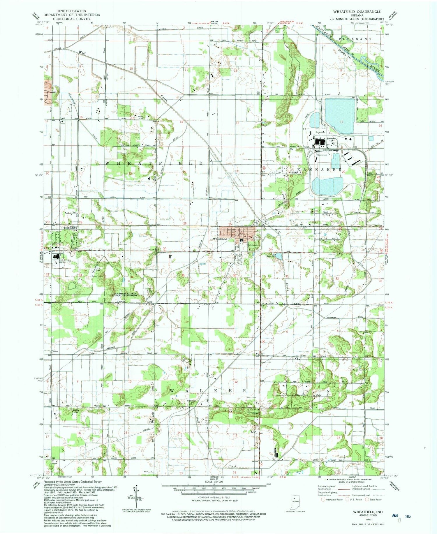 Classic USGS Wheatfield Indiana 7.5'x7.5' Topo Map Image