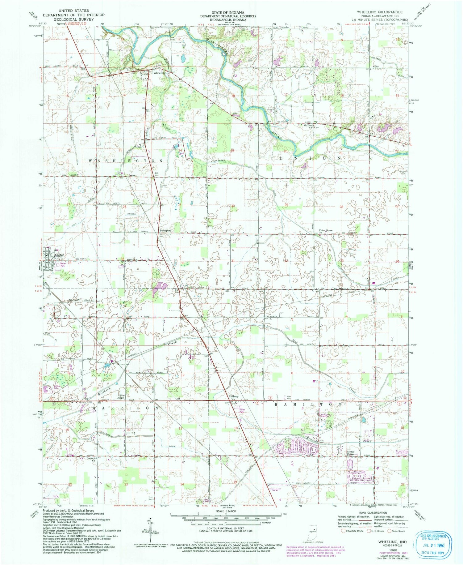 Classic USGS Wheeling Indiana 7.5'x7.5' Topo Map Image