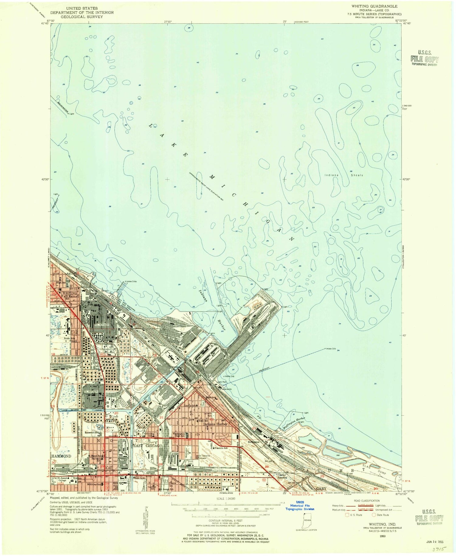 Classic USGS Whiting Indiana 7.5'x7.5' Topo Map Image