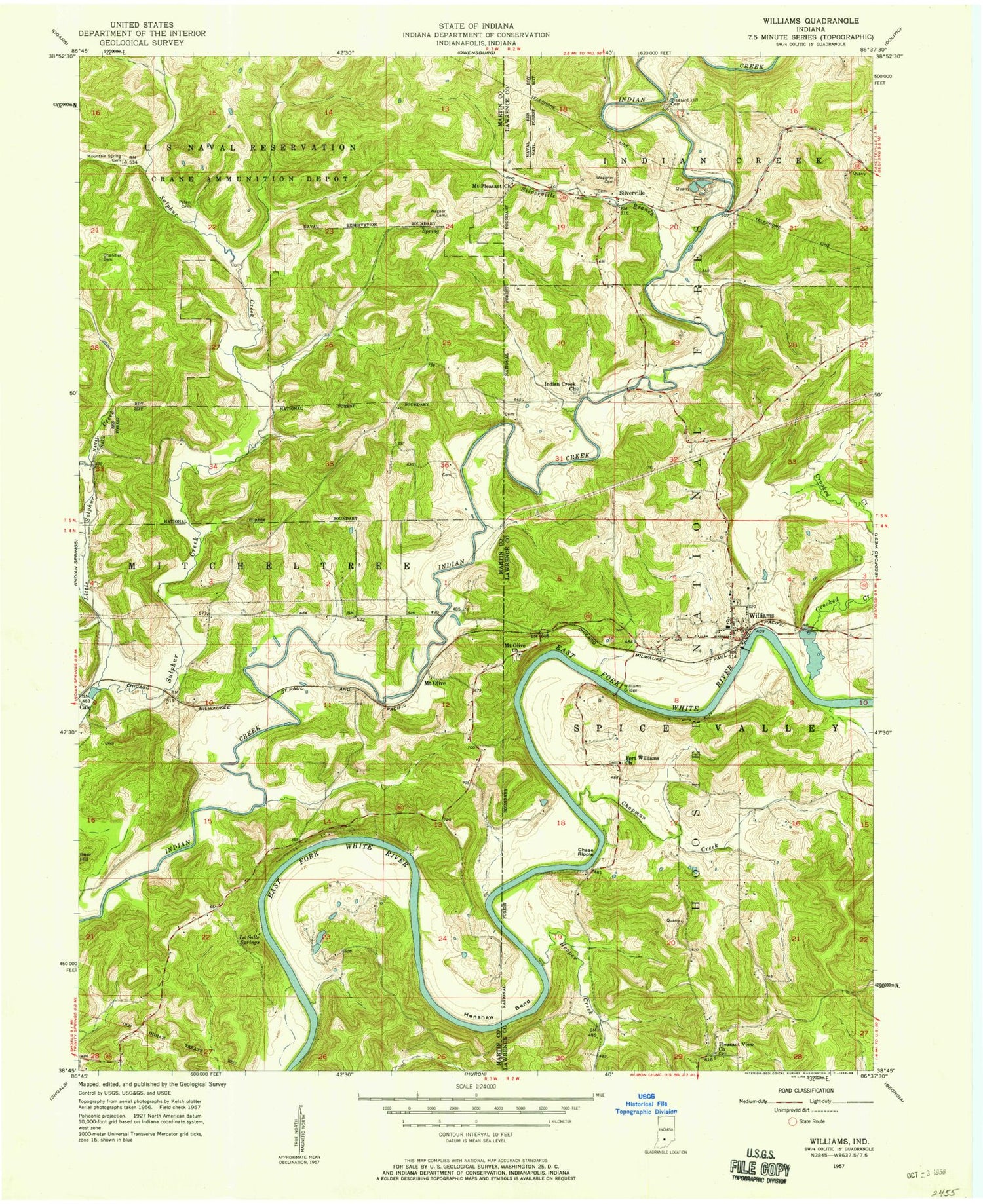 Classic USGS Williams Indiana 7.5'x7.5' Topo Map Image