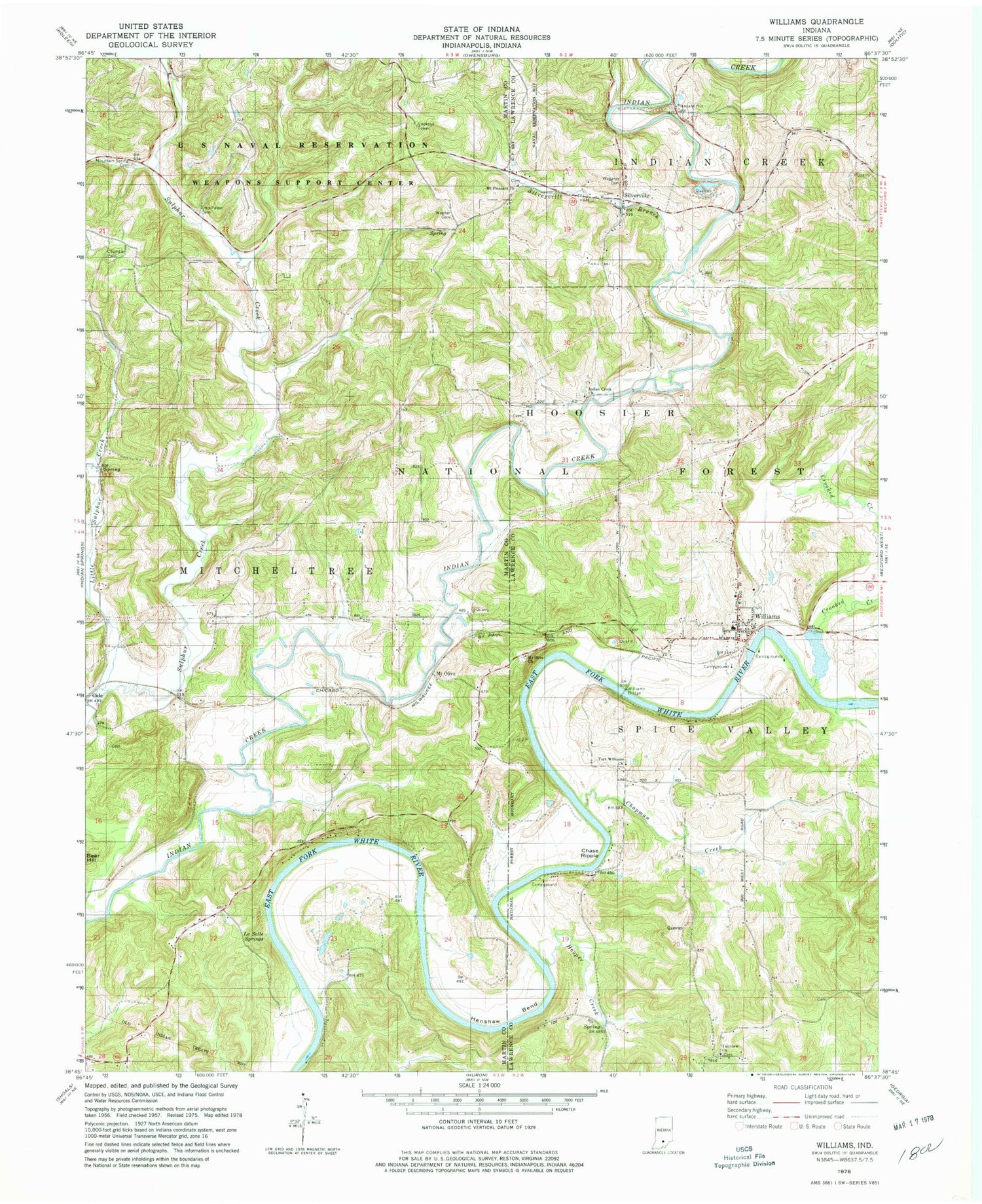 Classic USGS Williams Indiana 7.5'x7.5' Topo Map Image