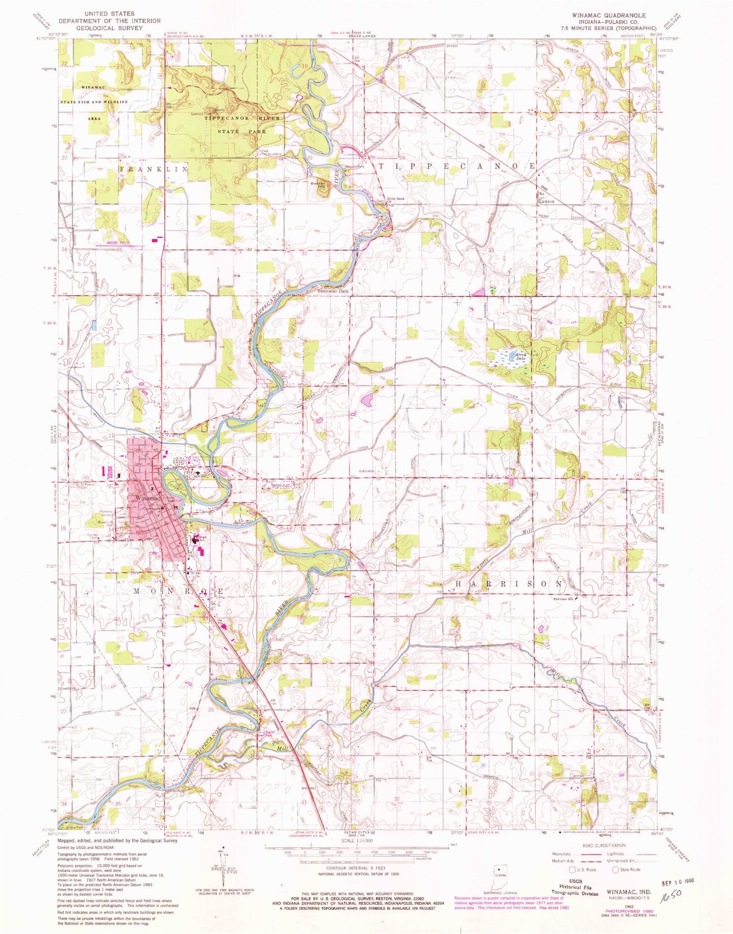 Classic USGS Winamac Indiana 7.5'x7.5' Topo Map Image