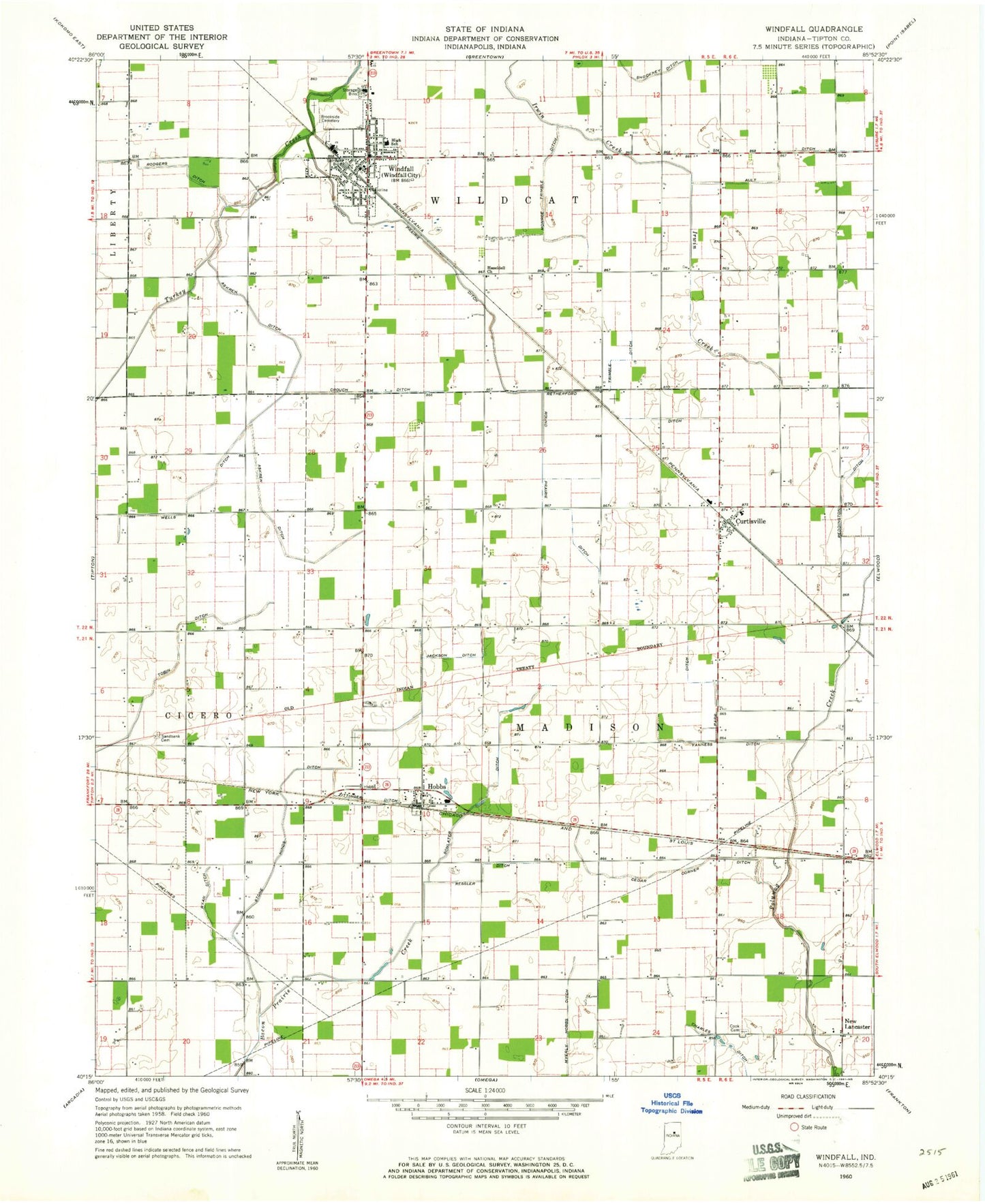 Classic USGS Windfall Indiana 7.5'x7.5' Topo Map Image