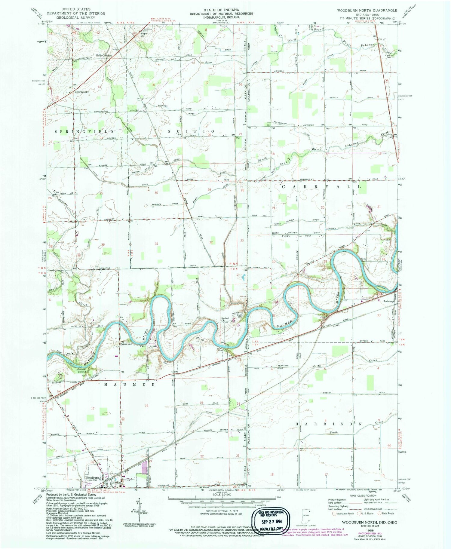 Classic USGS Woodburn North Indiana 7.5'x7.5' Topo Map Image