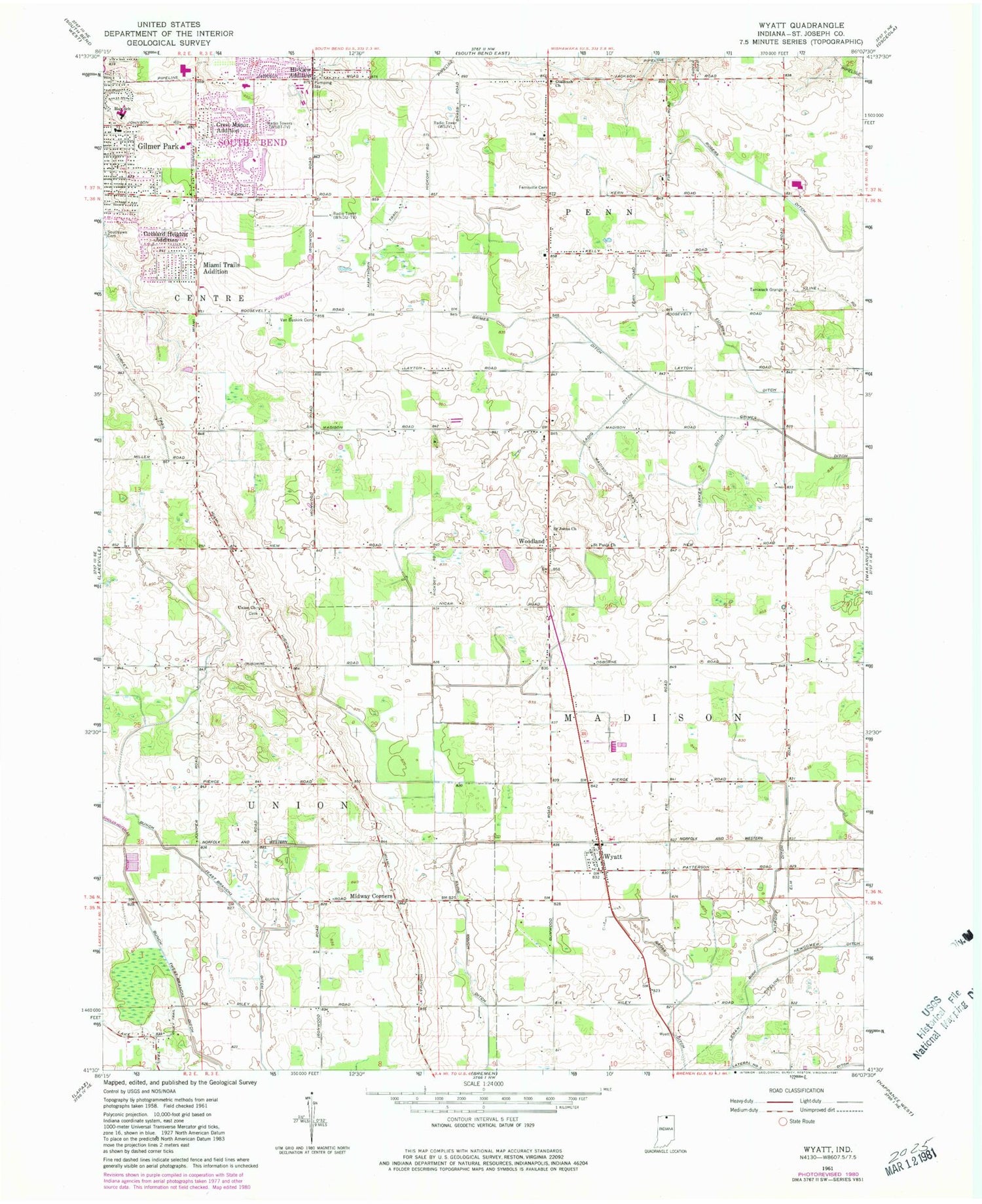 Classic USGS Wyatt Indiana 7.5'x7.5' Topo Map Image