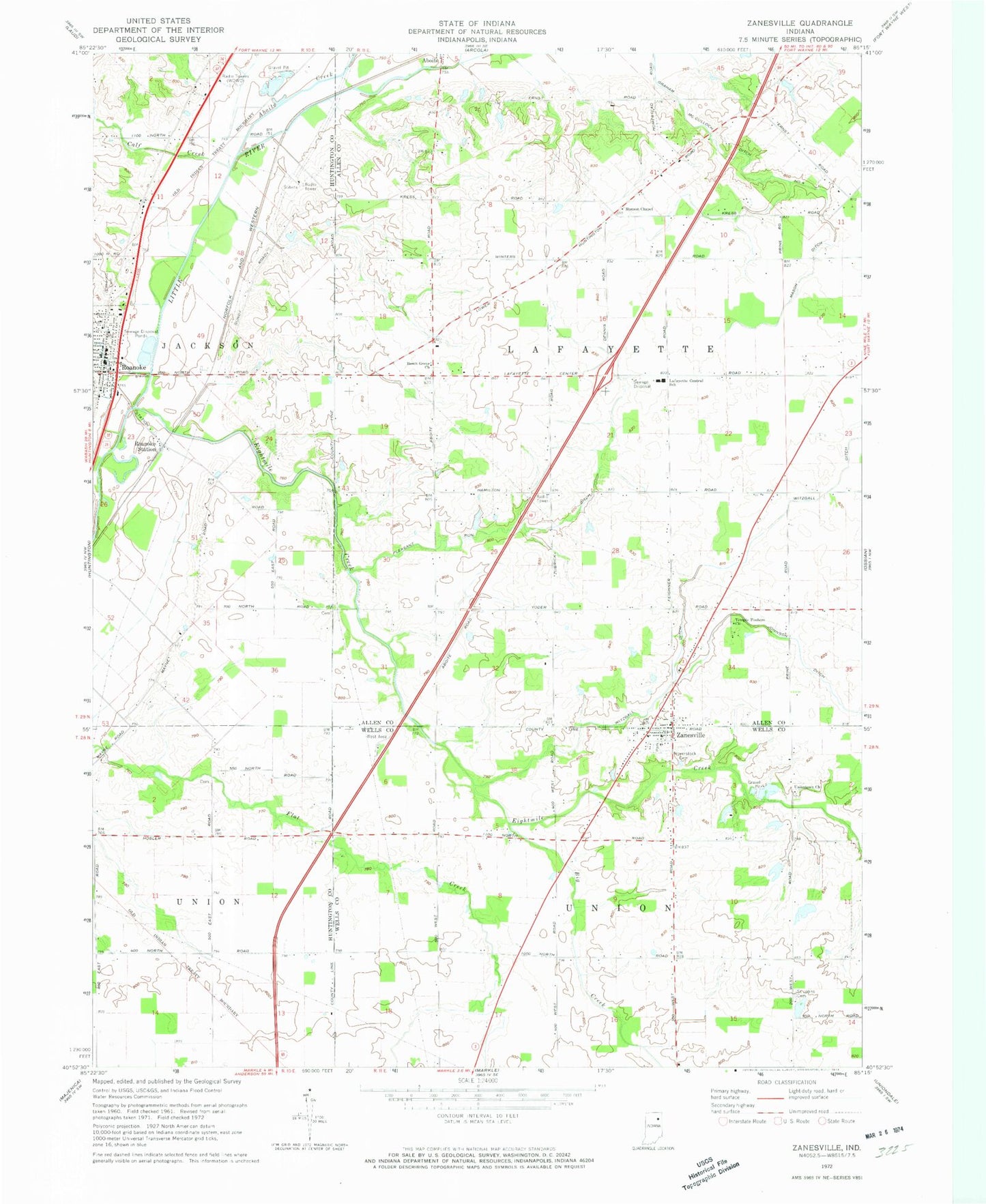 Classic USGS Zanesville Indiana 7.5'x7.5' Topo Map Image