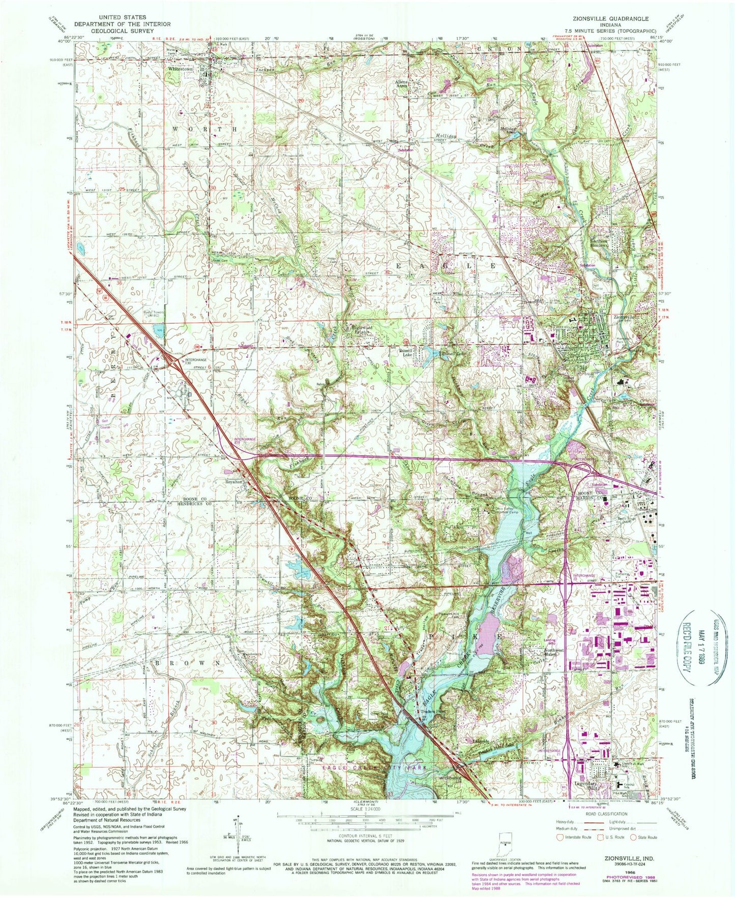 Classic USGS Zionsville Indiana 7.5'x7.5' Topo Map Image