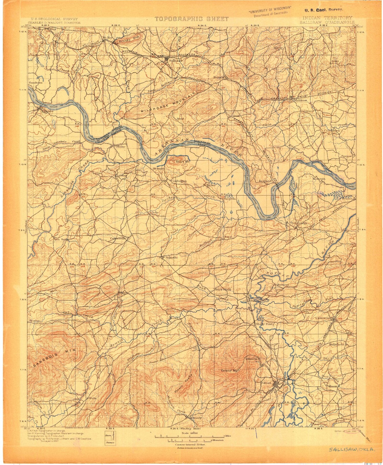 Historic 1900 Sallisaw Oklahoma 30'x30' Topo Map Image