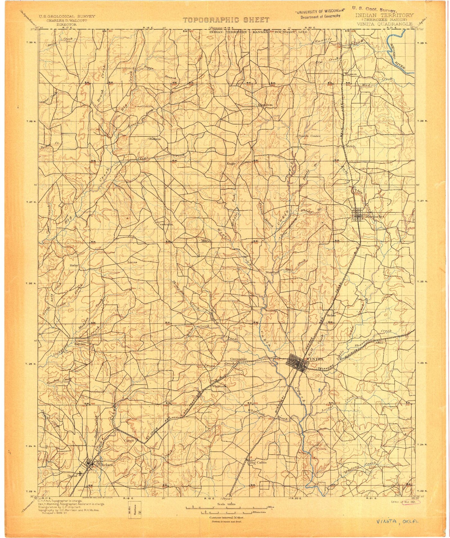 Historic 1901 Vinta Oklahoma 30'x30' Topo Map Image
