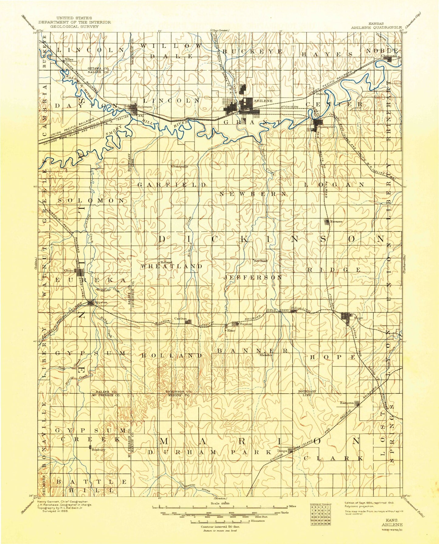 Historic 1894 Abilene Kansas 30'x30' Topo Map Image
