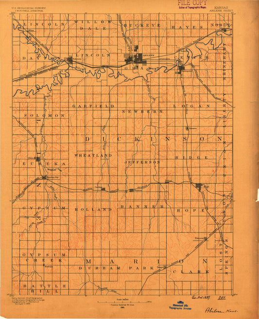 Historic 1889 Abilene Kansas 30'x30' Topo Map Image