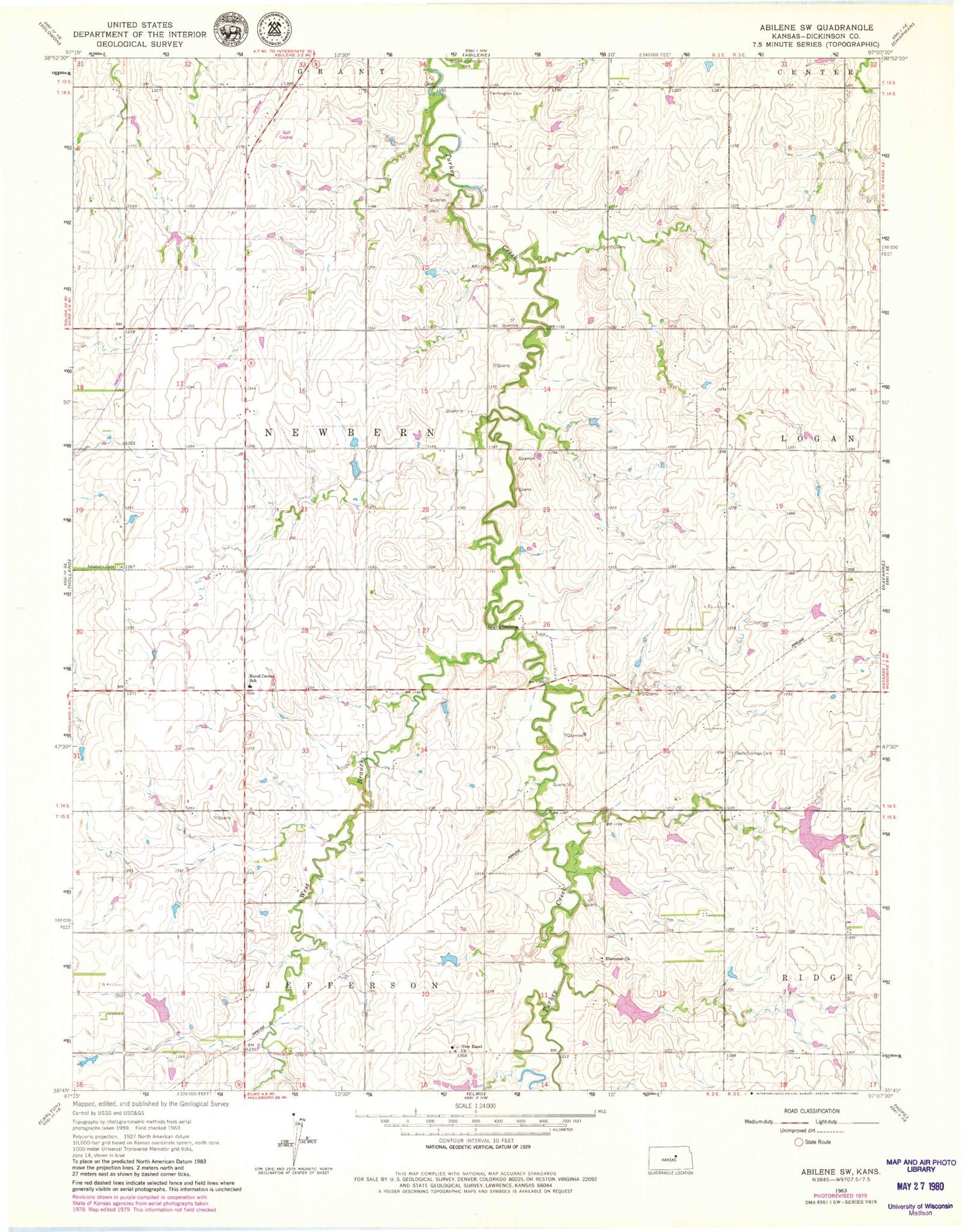 Classic USGS Abilene SW Kansas 7.5'x7.5' Topo Map Image