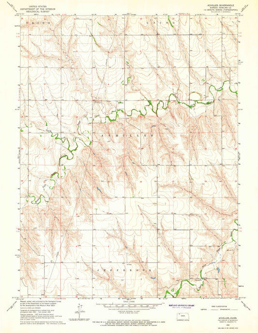 Classic USGS Achilles Kansas 7.5'x7.5' Topo Map Image