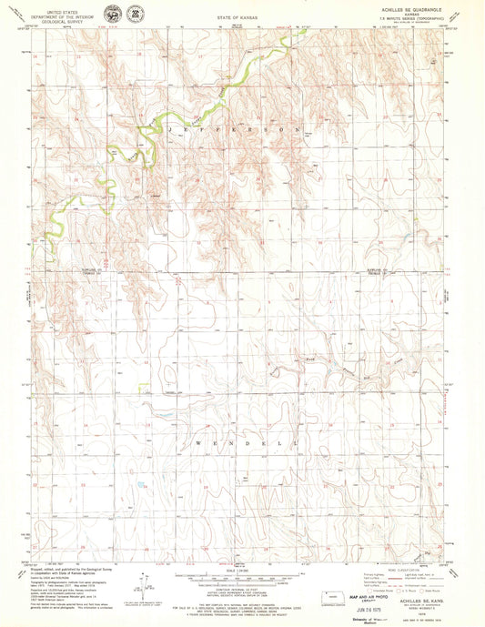 Classic USGS Achilles SE Kansas 7.5'x7.5' Topo Map Image
