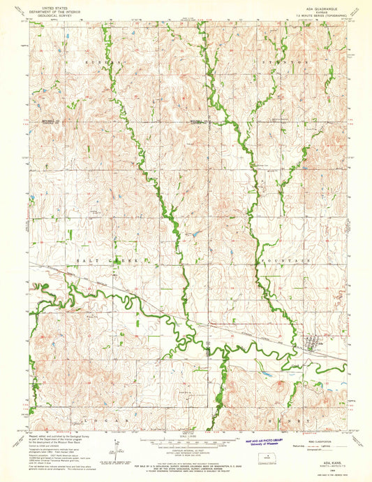 Classic USGS Ada Kansas 7.5'x7.5' Topo Map Image