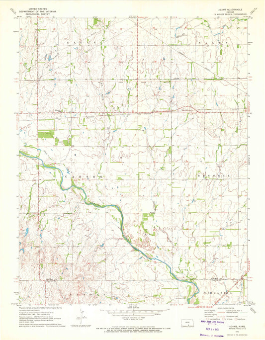 Classic USGS Adams Kansas 7.5'x7.5' Topo Map Image