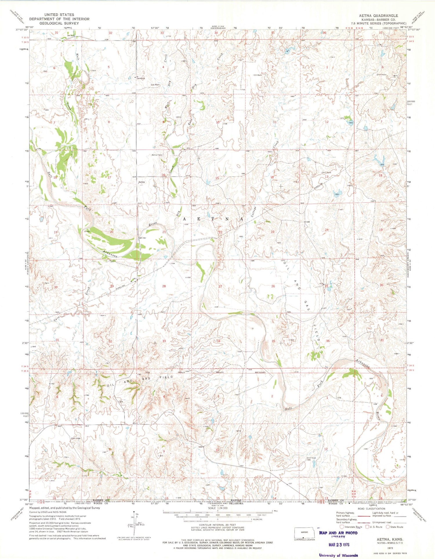 Classic USGS Aetna Kansas 7.5'x7.5' Topo Map Image