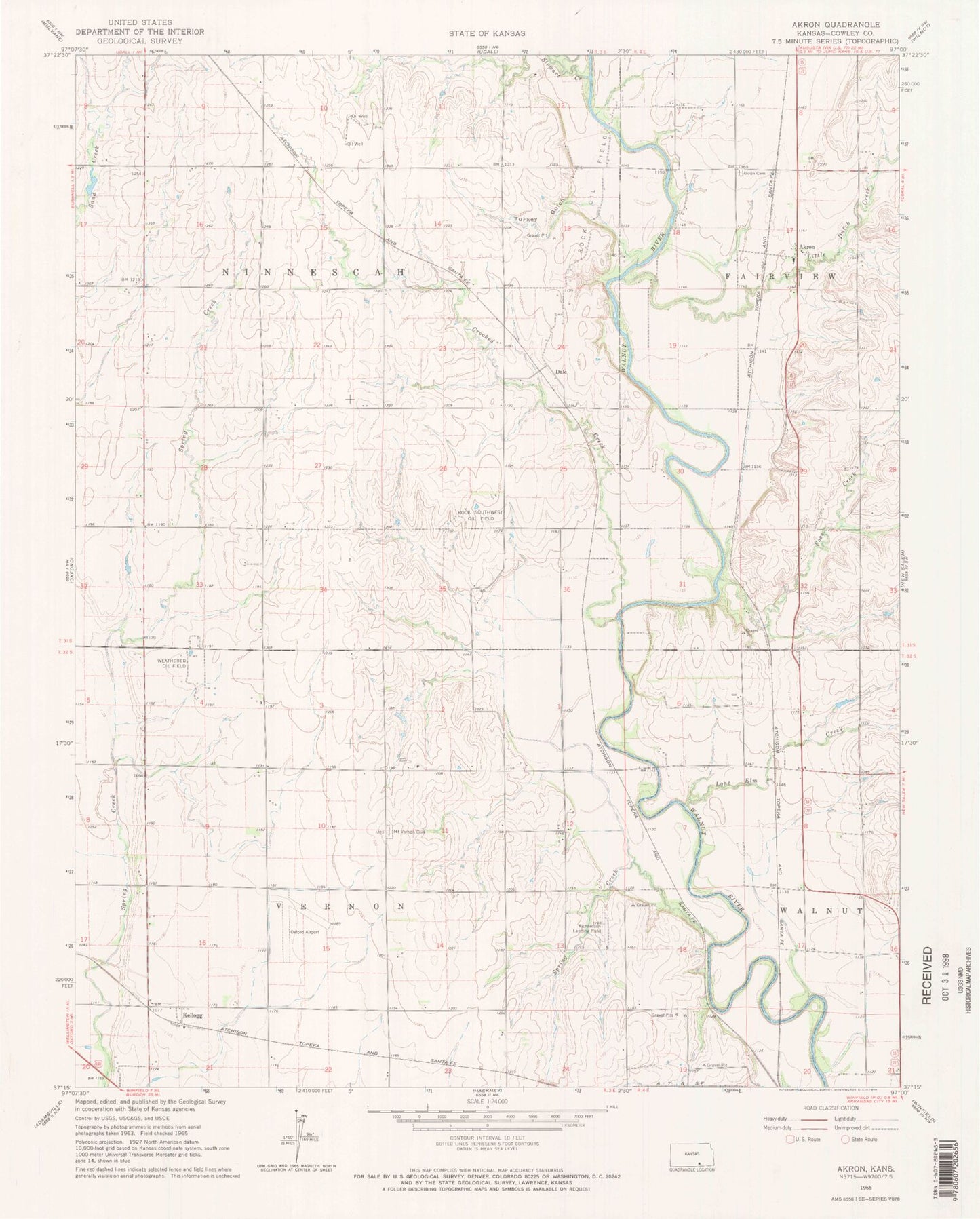 Classic USGS Akron Kansas 7.5'x7.5' Topo Map Image