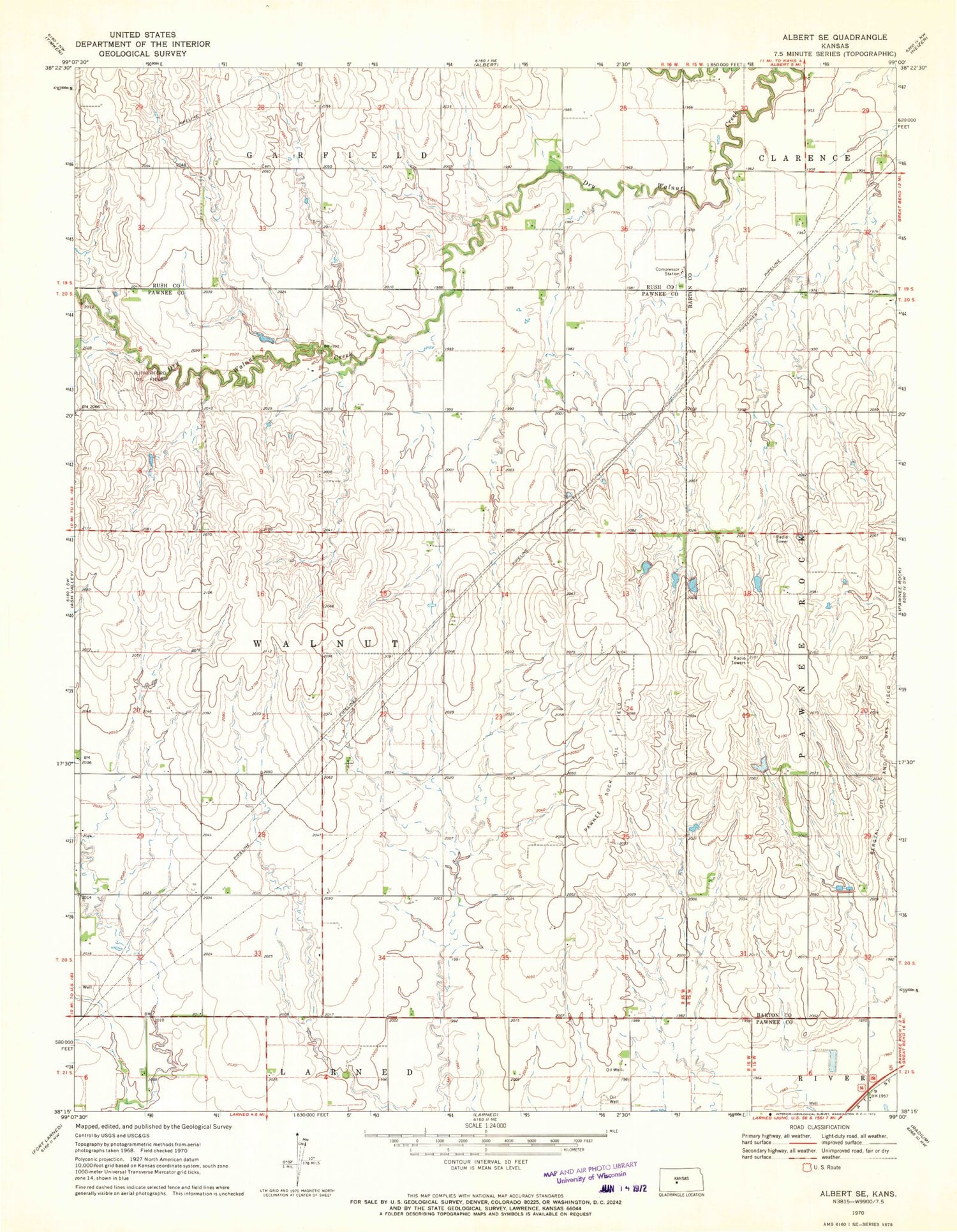 Classic USGS Albert SE Kansas 7.5'x7.5' Topo Map Image