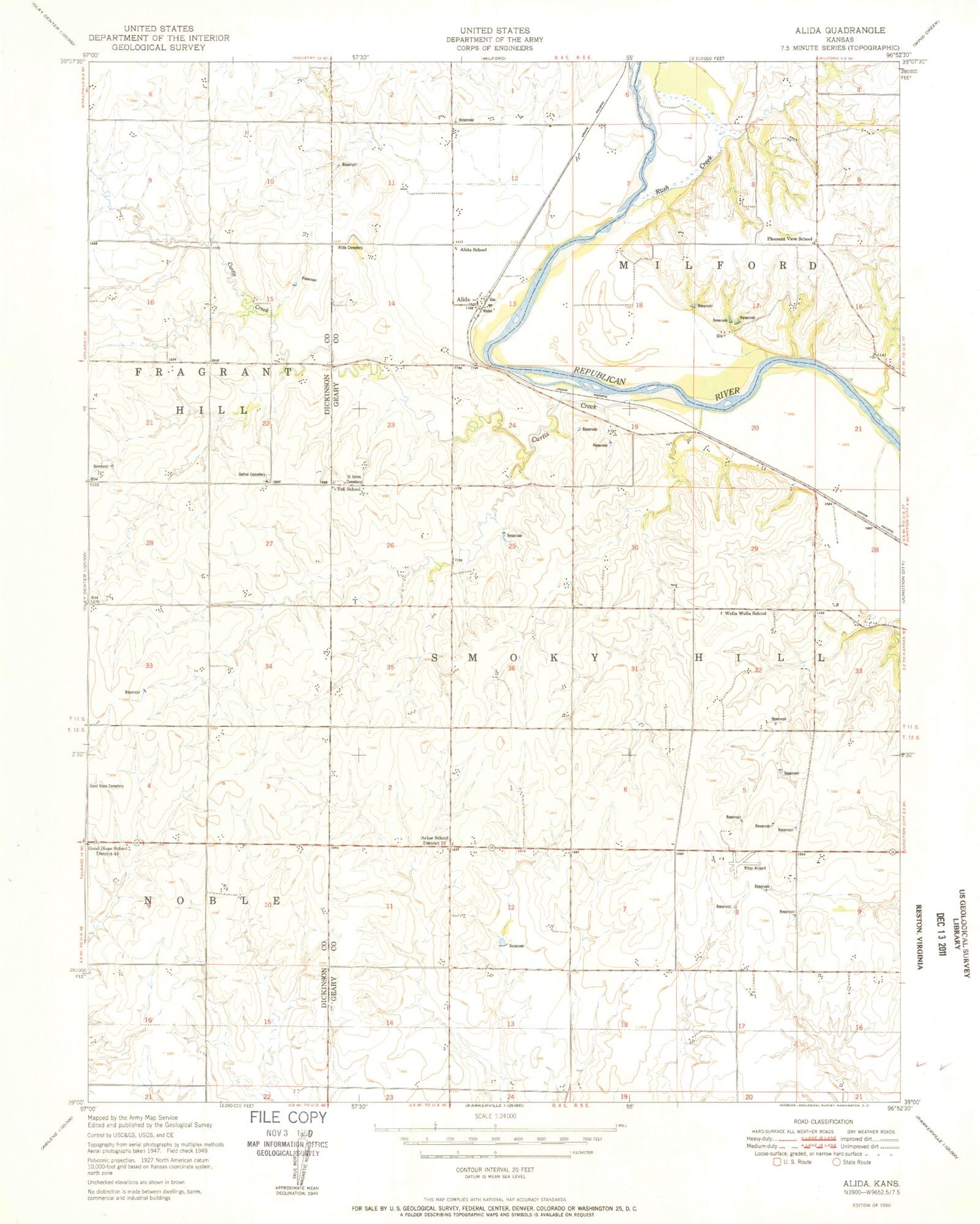 Classic USGS Milford Dam Kansas 7.5'x7.5' Topo Map Image