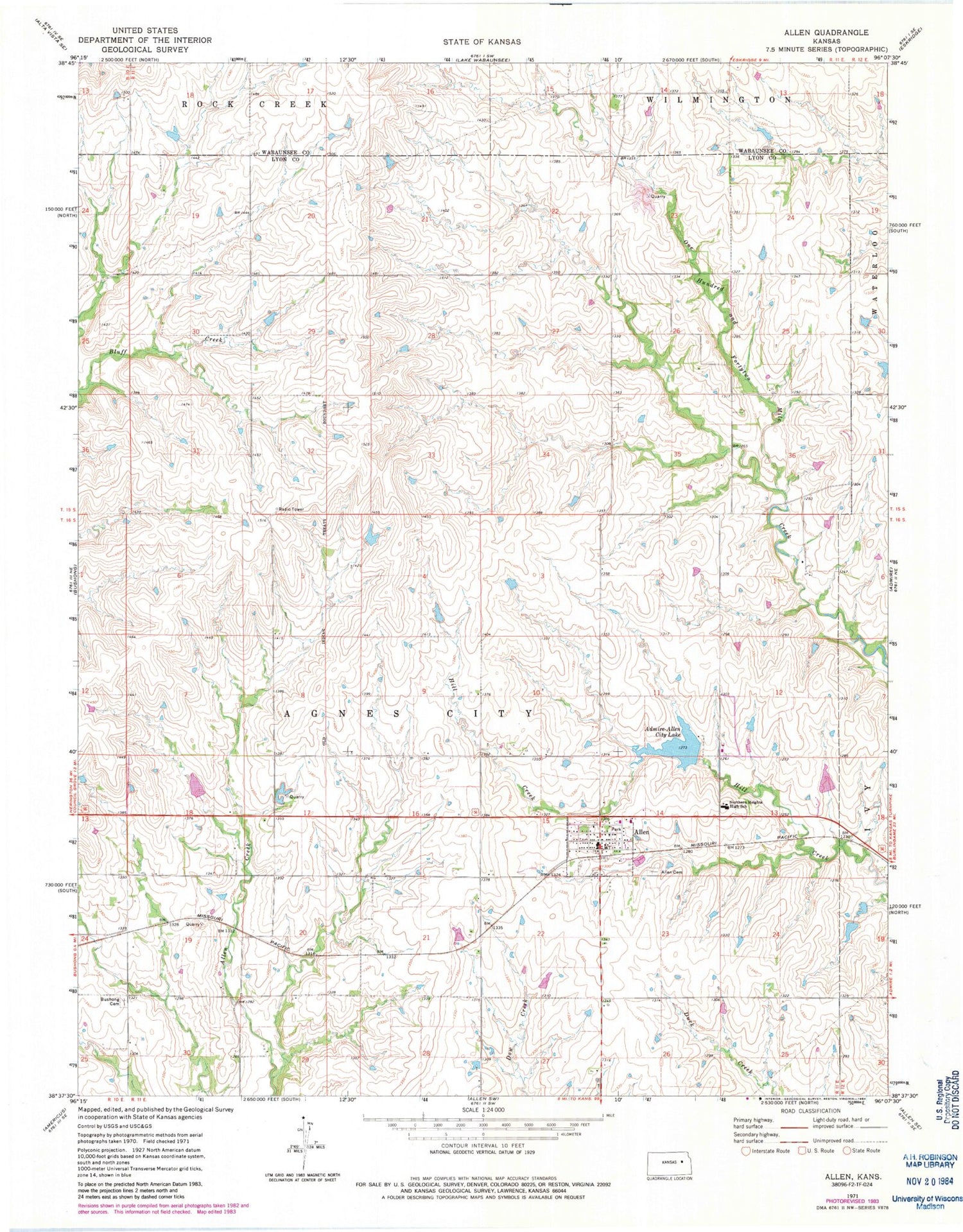 Classic USGS Allen Kansas 7.5'x7.5' Topo Map Image