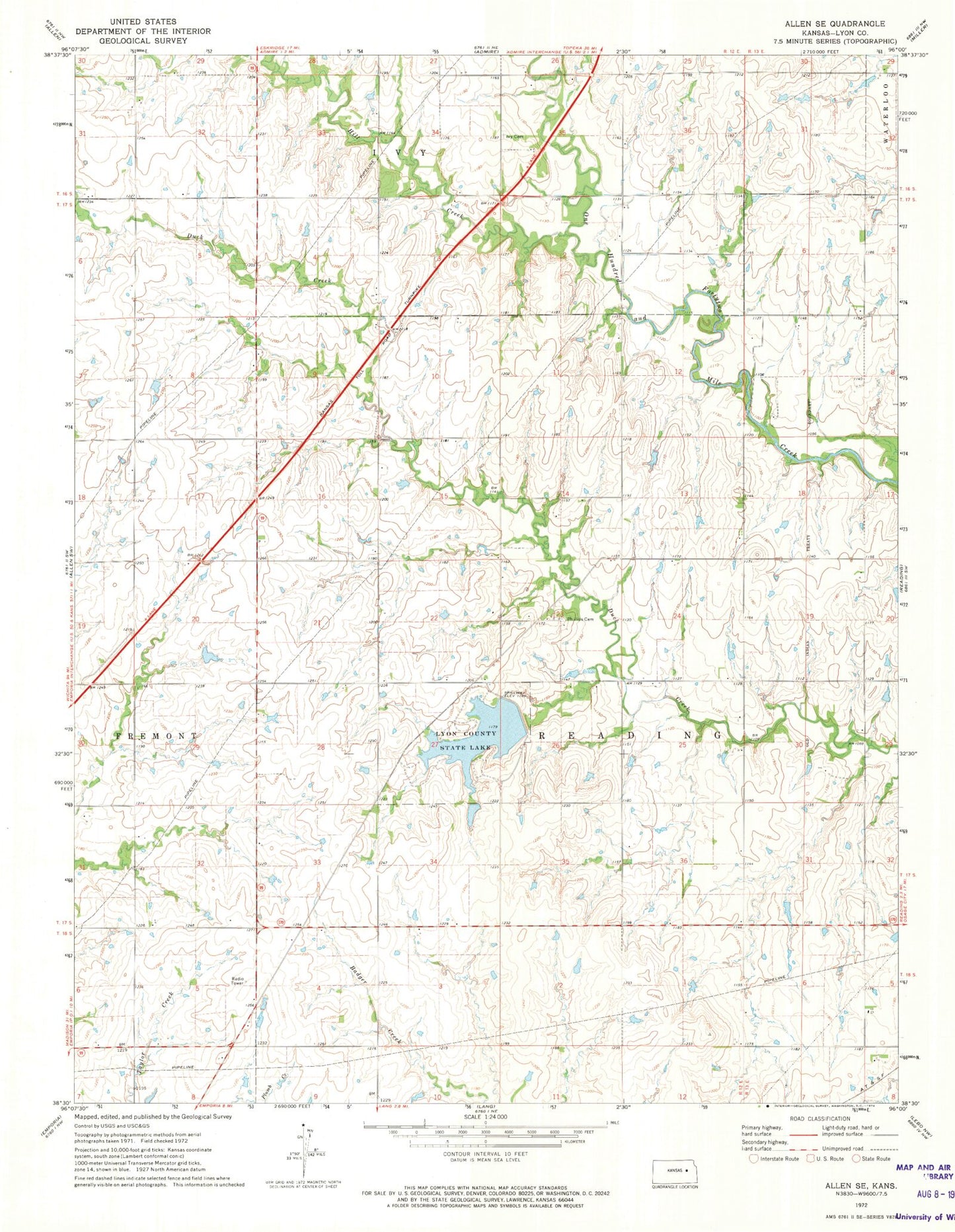 Classic USGS Allen SE Kansas 7.5'x7.5' Topo Map Image