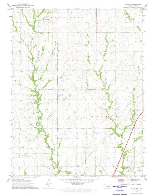 Classic USGS Allen SW Kansas 7.5'x7.5' Topo Map Image
