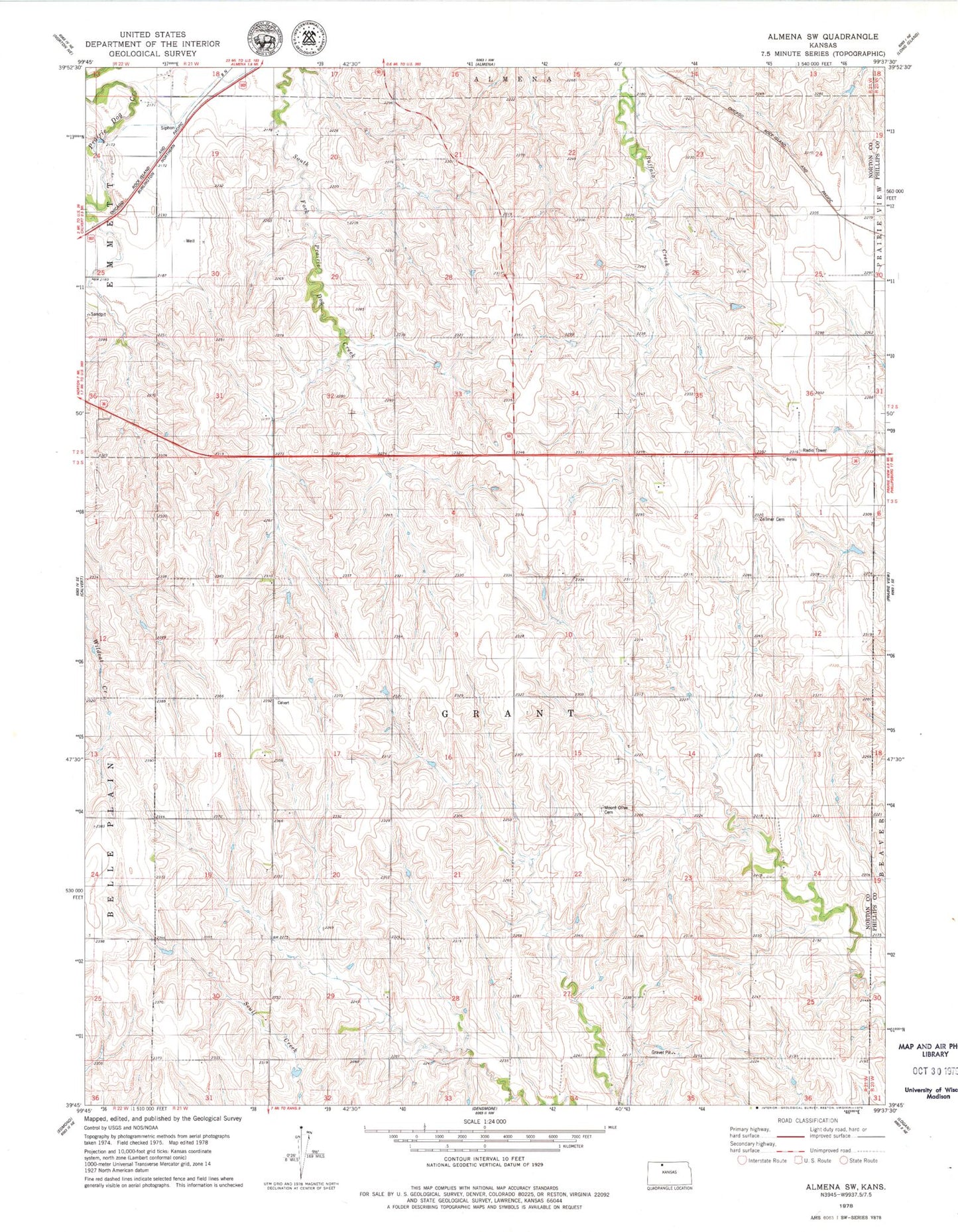 Classic USGS Almena SW Kansas 7.5'x7.5' Topo Map Image