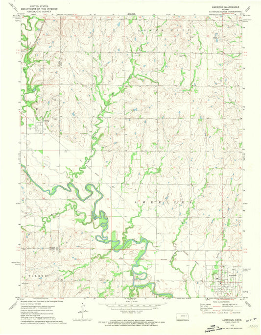 Classic USGS Americus Kansas 7.5'x7.5' Topo Map Image