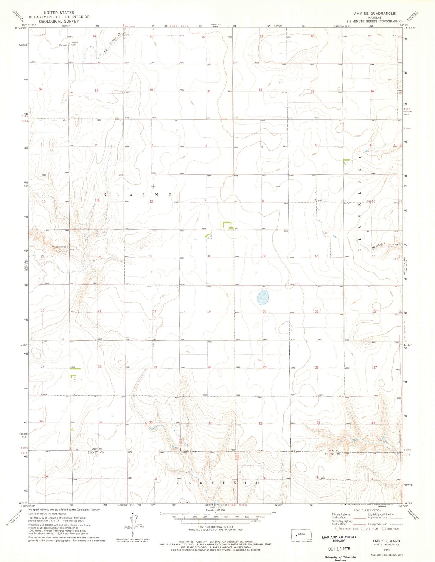 Classic USGS Amy SE Kansas 7.5'x7.5' Topo Map Image