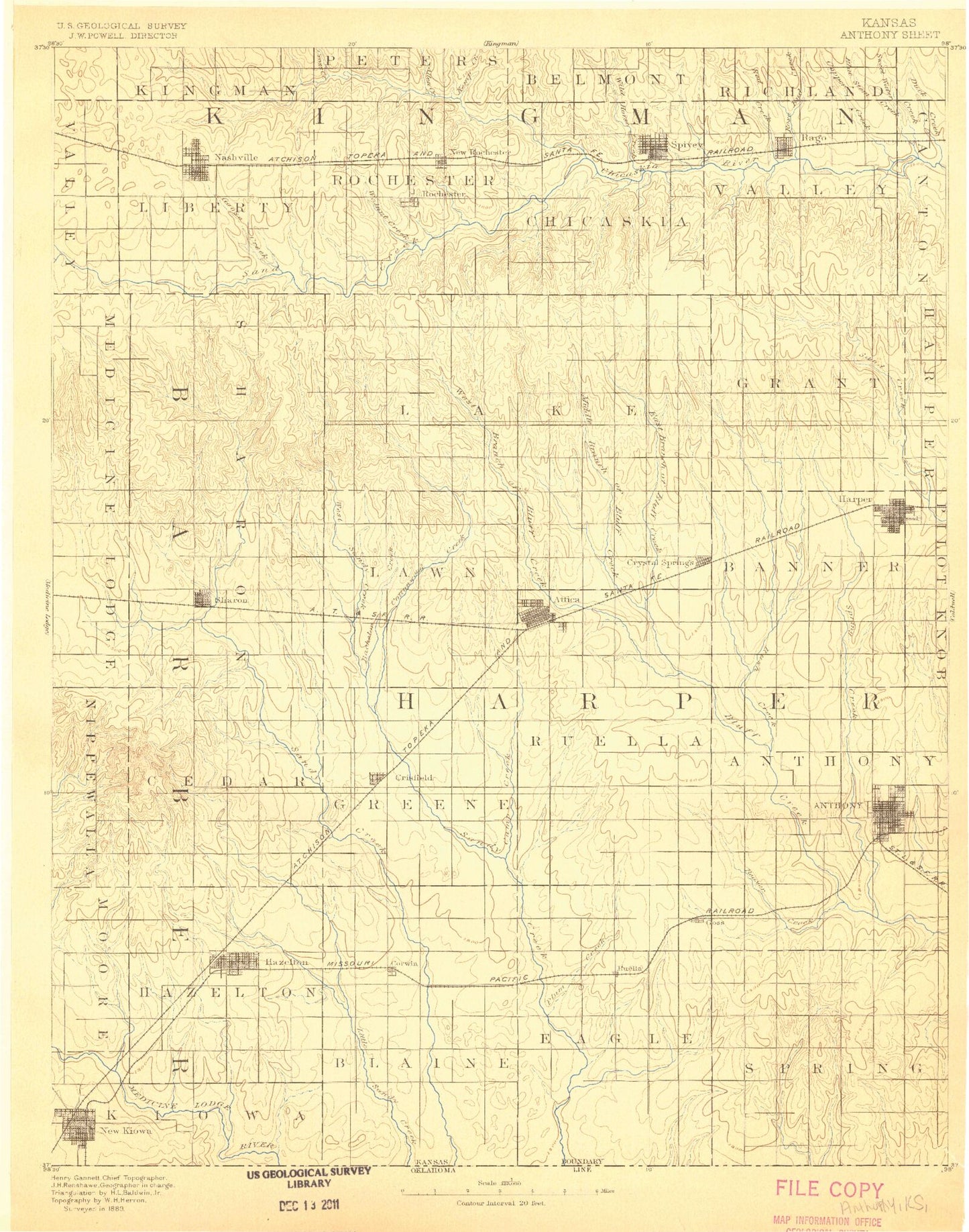 Historic 1889 Anthony Kansas 30'x30' Topo Map Image
