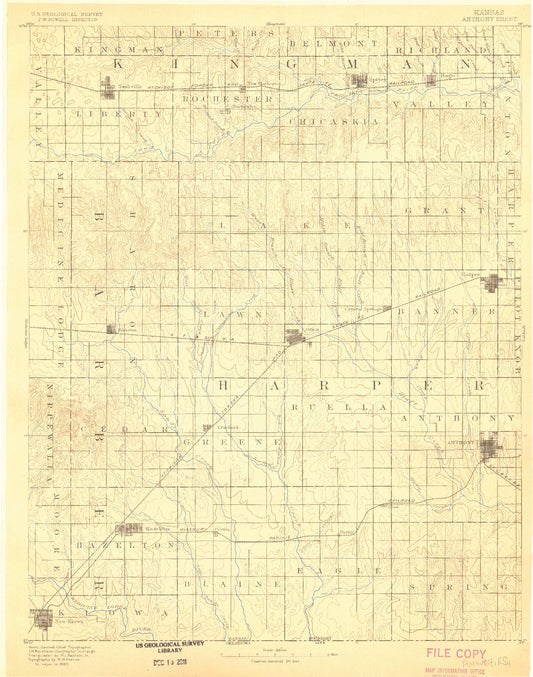 Historic 1889 Anthony Kansas 30'x30' Topo Map Image
