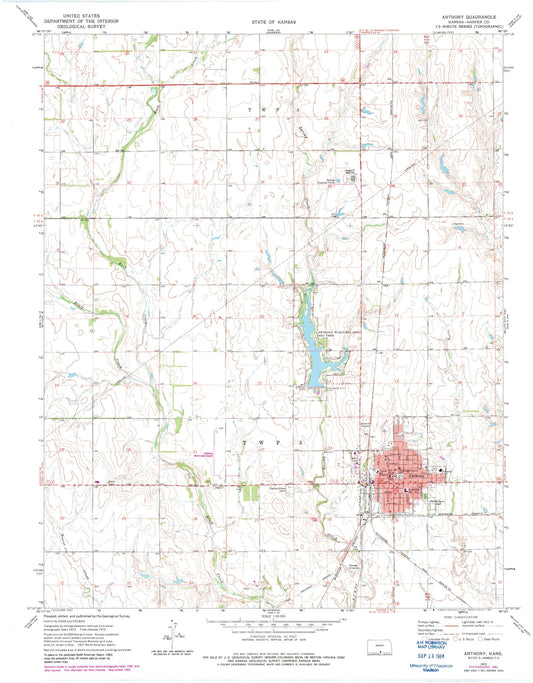 Classic USGS Anthony Kansas 7.5'x7.5' Topo Map Image