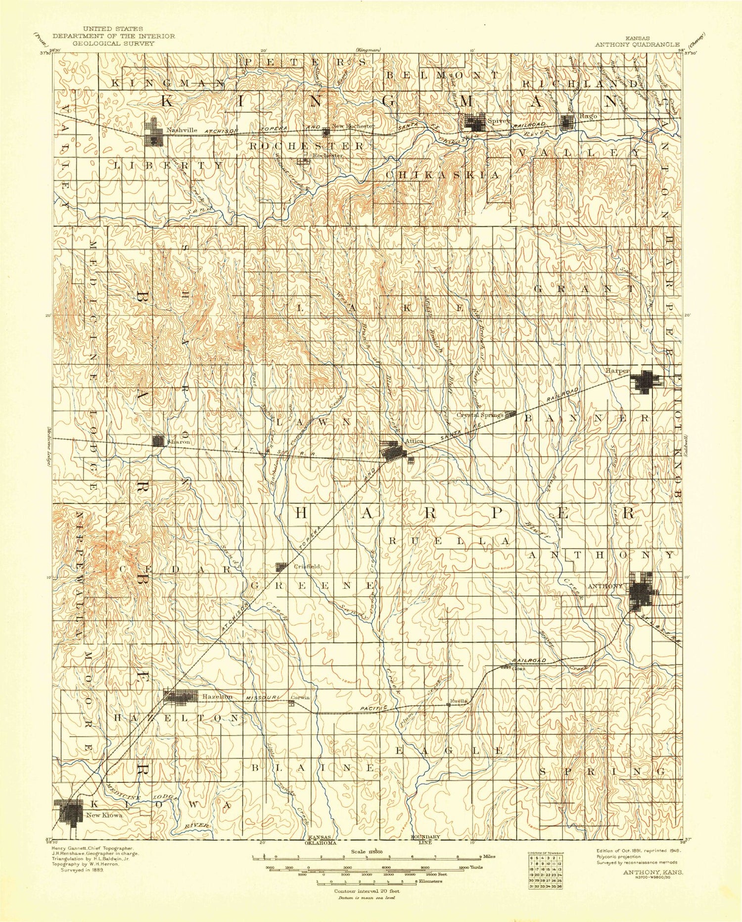Historic 1891 Anthony Kansas 30'x30' Topo Map Image