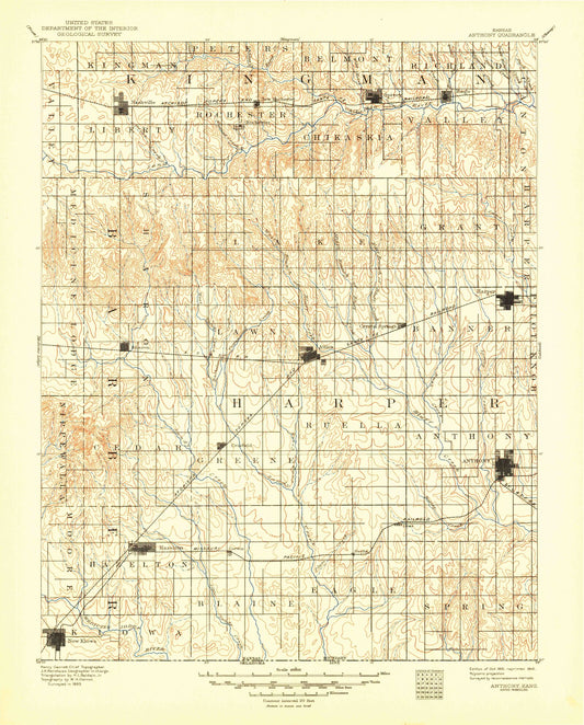 Historic 1891 Anthony Kansas 30'x30' Topo Map Image