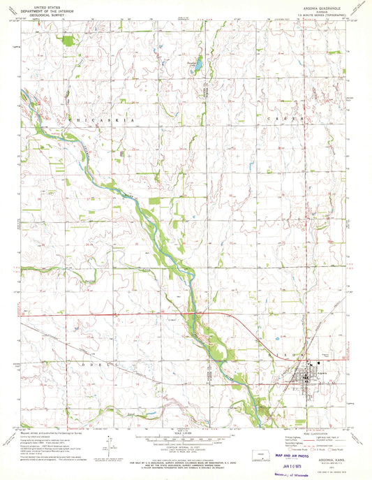 Classic USGS Argonia Kansas 7.5'x7.5' Topo Map Image