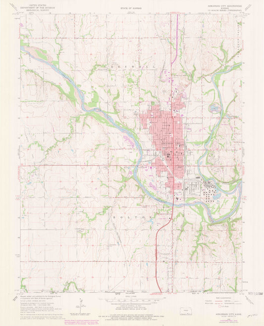 Classic USGS Arkansas City Kansas 7.5'x7.5' Topo Map Image