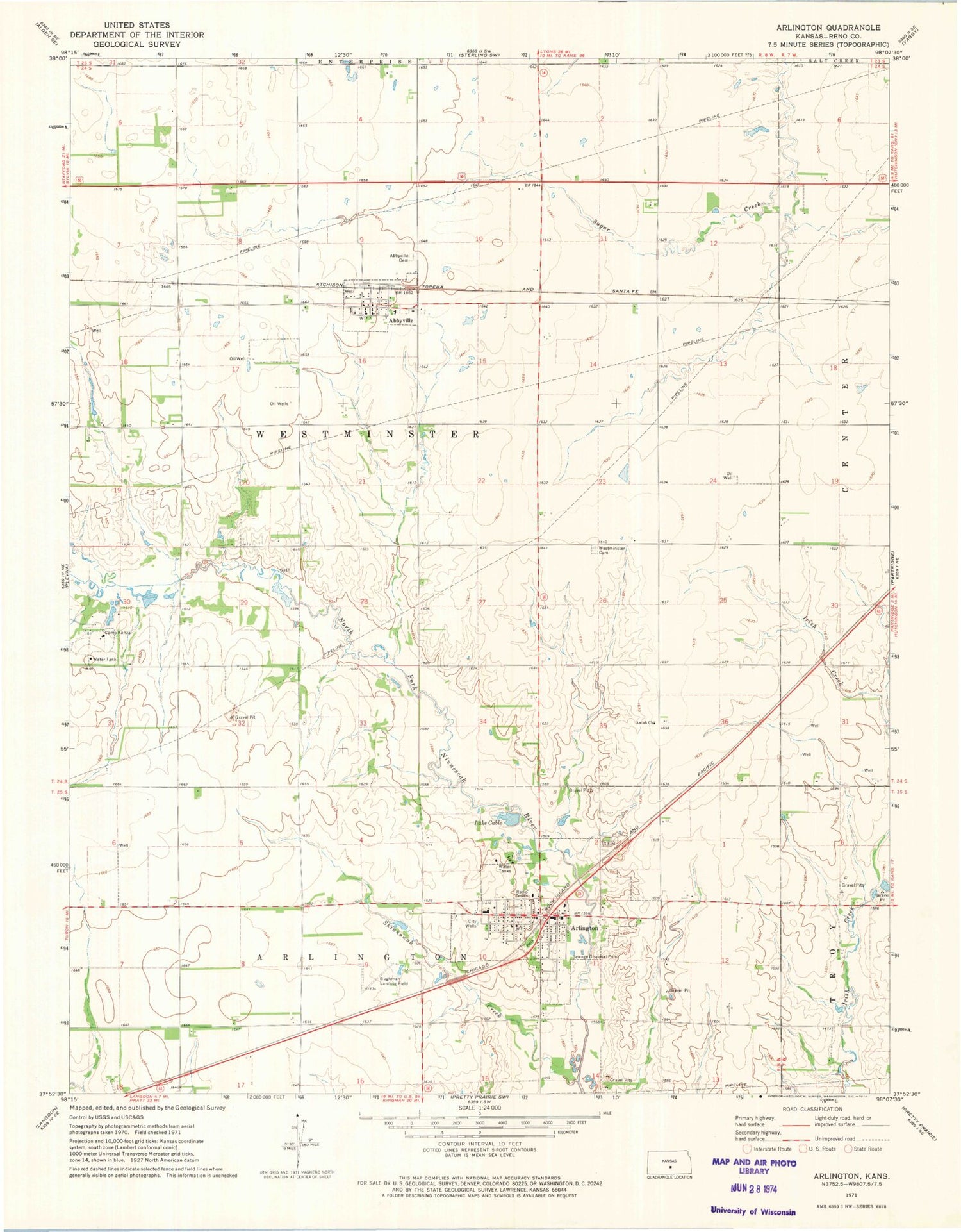 Classic USGS Arlington Kansas 7.5'x7.5' Topo Map Image