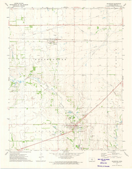 Classic USGS Arlington Kansas 7.5'x7.5' Topo Map Image