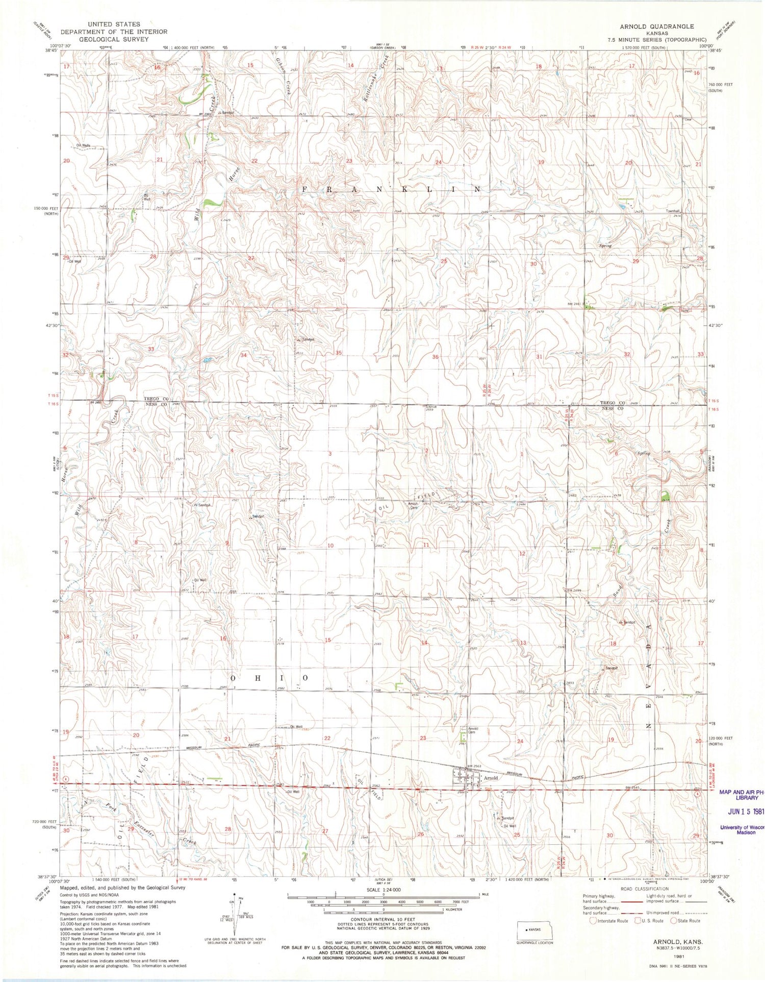 Classic USGS Arnold Kansas 7.5'x7.5' Topo Map Image