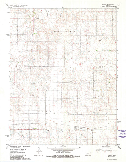 Classic USGS Arnold Kansas 7.5'x7.5' Topo Map Image