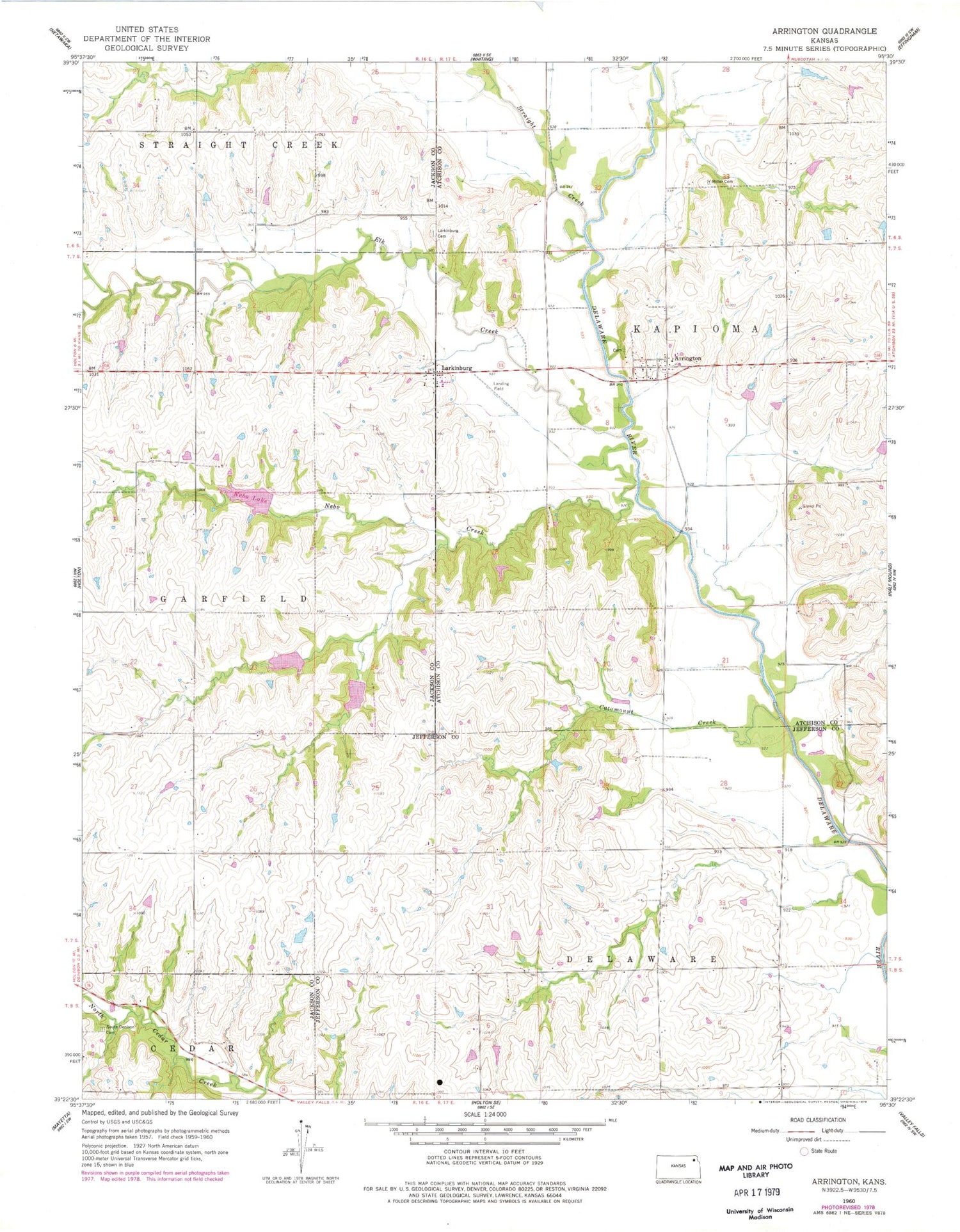 Classic USGS Arrington Kansas 7.5'x7.5' Topo Map Image