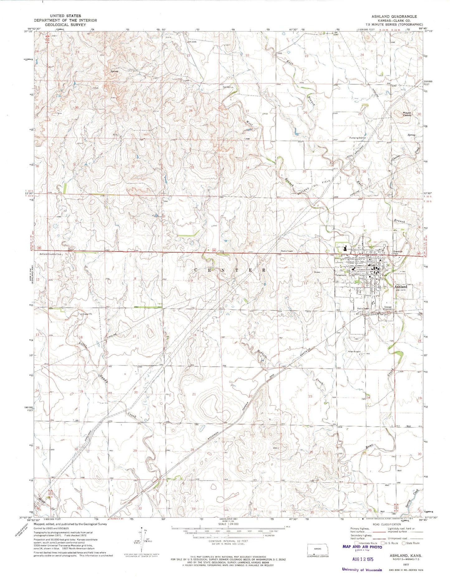 Classic USGS Ashland Kansas 7.5'x7.5' Topo Map Image